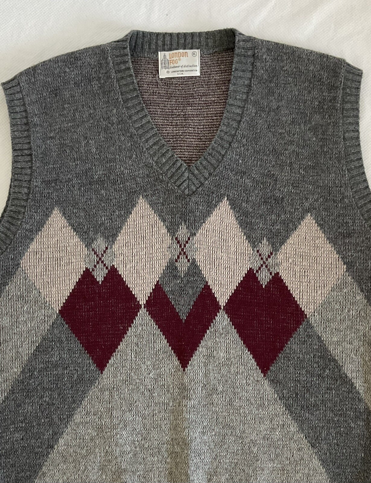 London Fog Gray Argyle Retro Sweater Vest XL in Wool Mohair Solara Blend