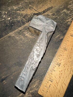 Printing Block   Corner Edge, Lit Torch & Wreath   Lead Face, Nice Details!