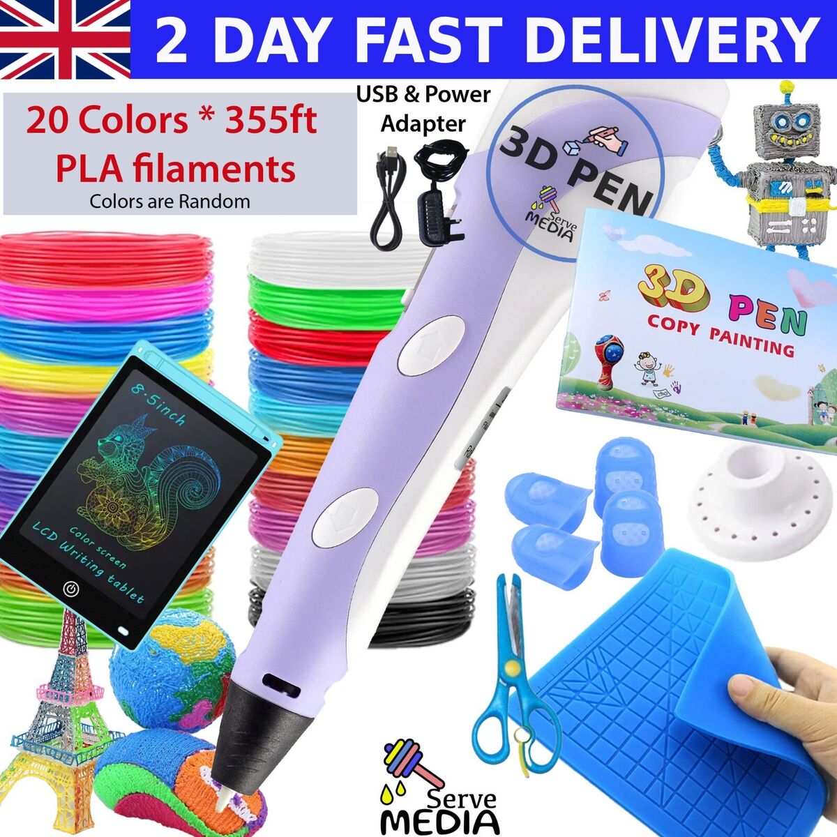 3D Print Pen Set forChildren DIY Pens Kids Birthday Creative Gift Toys with  Power Adapter 12Colors 36M PLA Filament Travel Box
