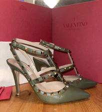 Valentino Rockstud Army Green Leather Ankle Strap Heels EU38 UK5 US7.5