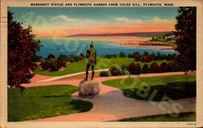 Vintage postcard Massasoit Statue and Plymouth Harbor View from Coles Hill