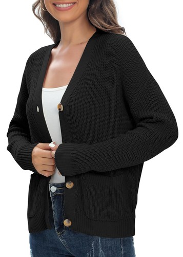 Women's Chunky Knit Open Front V-Neck Long Sleeve Button Casual 2023 Fall Car... - Picture 3 of 7