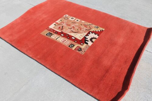 RSG285 BRIGHT RED MODERN HANDMADE TIBETAN WOOLEN RUG 4' X 6' MADE IN NEPAL - Picture 1 of 6