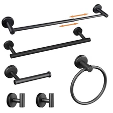 6 PCS Bathroom Accessories Set Matte Black Adjustable Towel Bar Towel Hook &Ring