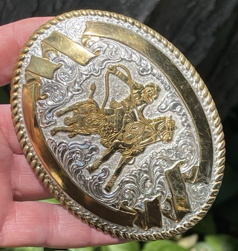 VINTAGE CRUMRINE SILVER PLATE JEWELERS BRONZE COWBOY HORSE WESTERN BELT BUCKLE - Picture 6 of 20