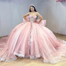 Pink Quinceanera Dresses with Appliques Sleeveless Bowknot Ball Gown Sweet 16