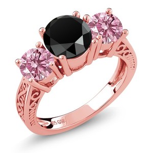 Authentic 18K Rose Gold Plated Silver Onyx and Pink Lab Grown Diamond Engagement Ring For