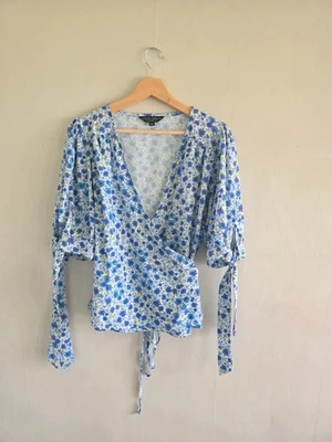 Dorothy Perkins Blue Ditsy Floral Wrap Blouse- Size 14 Cottagecore, Prairie - Image 1 of 4