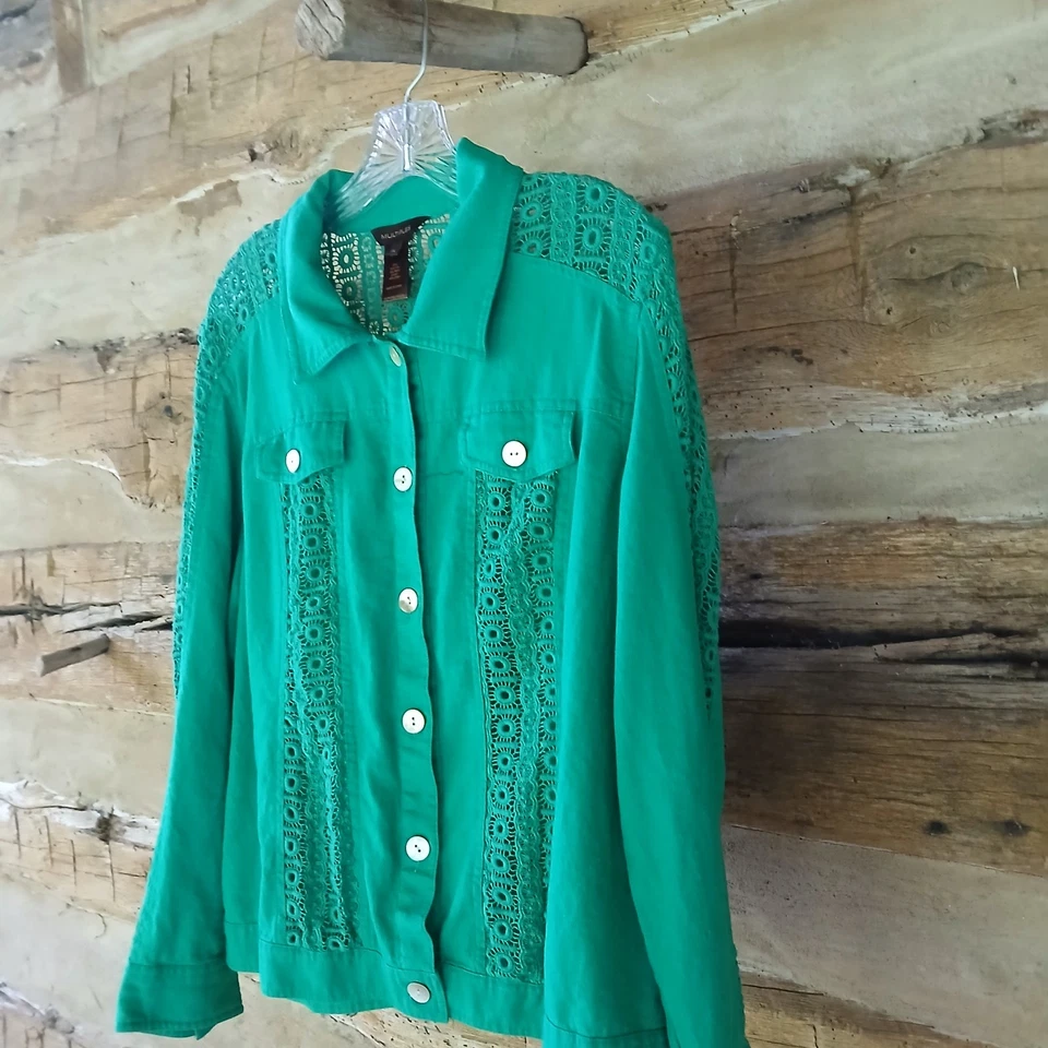 Multiples Women's Jacket Lightweight Eyelet Panels Linen Blend Green Size XL Foto 4 de 4
