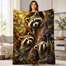 Woodland Raccoons Berry Coral Fleece Blanket Nature Decor