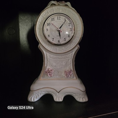 White & Pink Floral Ceramic Mantel Clock, Analog Arabic Numeral Dial