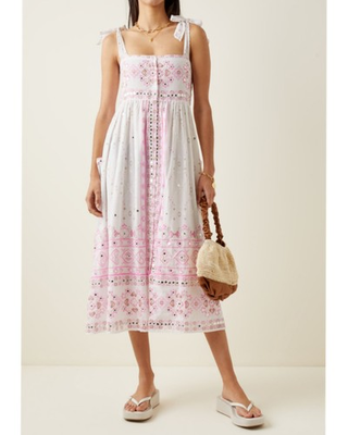 #ad #ad Juliet Dunn Mosaic Print Tie Shoulder Cotton Midi Dress White Pink 2 Us 8 10 NEW $268.00