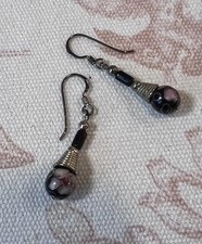 925 artisan Floral Cloisonn  Bead Earrings Handmade Dangle Sterling Silver D1