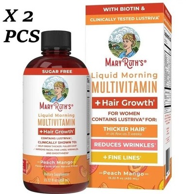 2 BOTTLES--MaryRuth's Liquid Morning Multivitamin Hair Growth Peach Mango flavor