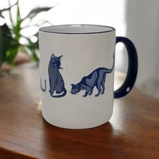 M Ware Ivory Cobalt Blue Kitty Cat Mug Coffee Cup Wraparound Design Ceramic
