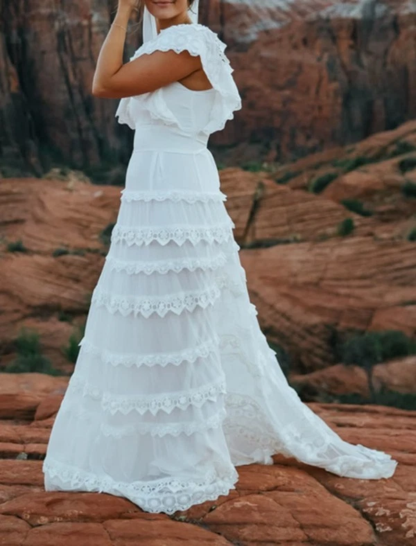 Boho Empire Square Neck Ruffles Beach Wedding Dresses Tiered Lace Bridal Gowns - Image 4 of 4