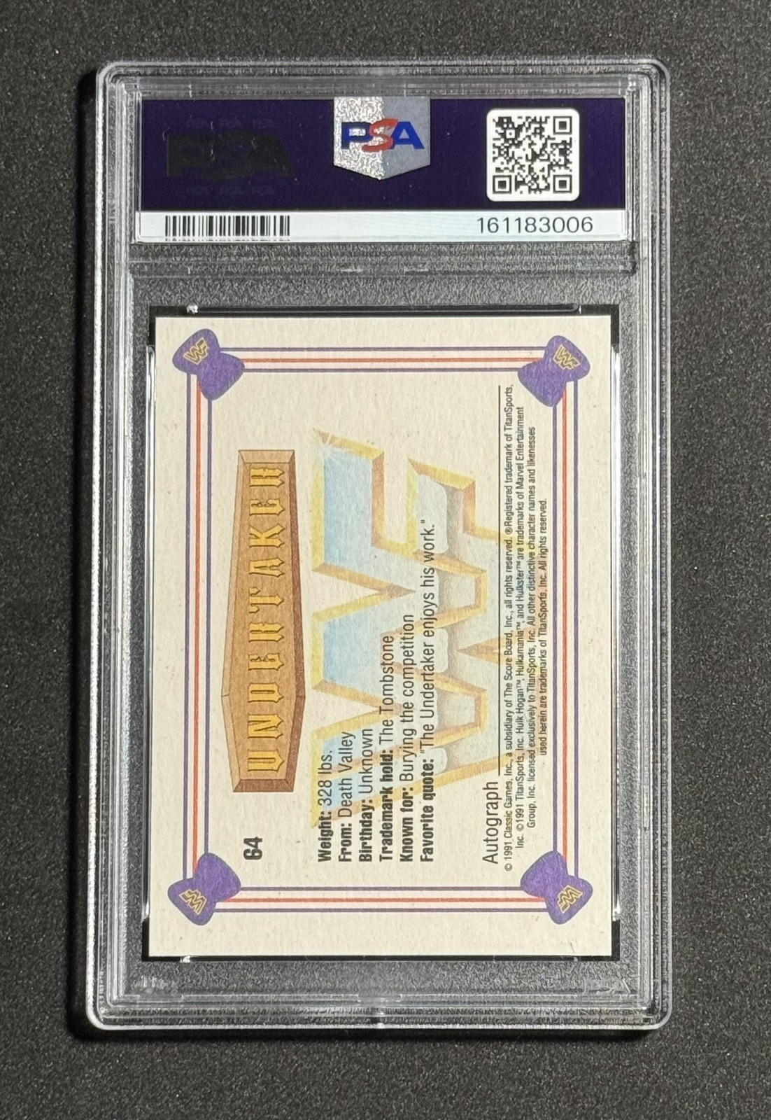 1991 Classic WWF Wrestling #64 Undertaker PSA 8 NM | PSA/DNA Authentic Auto view 2