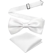 Adjustable Pre-Tied Bow Tie and Pocket Square Set Solid Color Double Fold