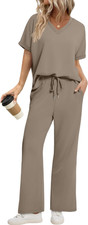 Lounge Sets for Women V Neck Turn-Up Sleeves Tops Wide Leg Pants 2 Piece Sets Ov