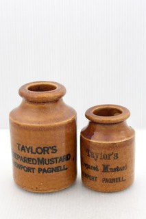 VINTAGE PRIMITIVE TAYLORS NEWPORT PAGNELL PREPARED MUSTARD STONEWARE POTS JARS