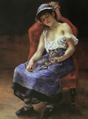 Pierre-Auguste Renoir Sleeping Girl with a Cat Custom Framed Print