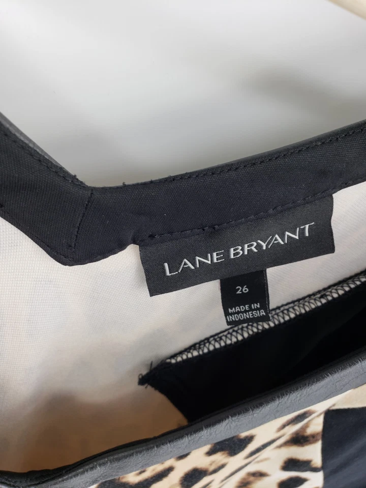 Lane Bryant V Neck Dress Black Leopard Print Stretch Knit Faux Leather Size 26 - Image 3 of 4