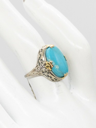 Antique 1900 Edwardian 4ct Natural Turquoise 14k White Yellow Gold Filigree Ring - Picture 2 of 7