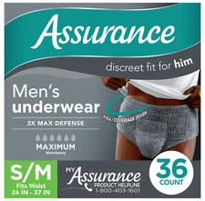 Assurance Men's Incontinence Underwear, S/M , Maximum Absorbency (36 Count)