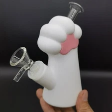 4.7inch Cute Silicone Bong White Cat Paw Hookah Water Pipe W/ 14mm Glass Bowl