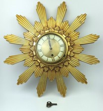 VTG MCM Welby Gold Starburst 8 Day Art Deco Wall Clock w/ Key *READ*