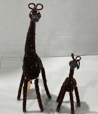Pair of Brown Beaded Giraffe Animals Display Ornaments African Art Mama  Baby
