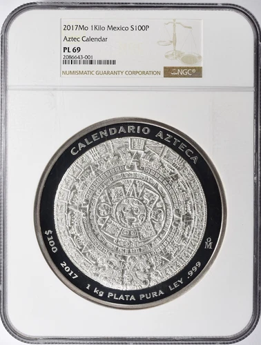 2017 Mexico 1 Kilo Silver Aztec Calendar (32 oz) NGC PL69!! A Top Pop! 100 pesos