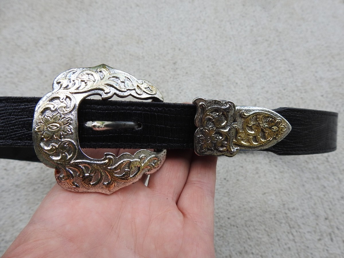 Black Lizard Grain Belt USA Cowhide Silver & Gold Buckle Sz 34 Western Cowgirl PGA Tour Men main image 2