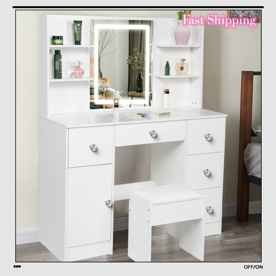 White Dresser Table Vanity Set With Stool & 5Drawer Makeup Desk with