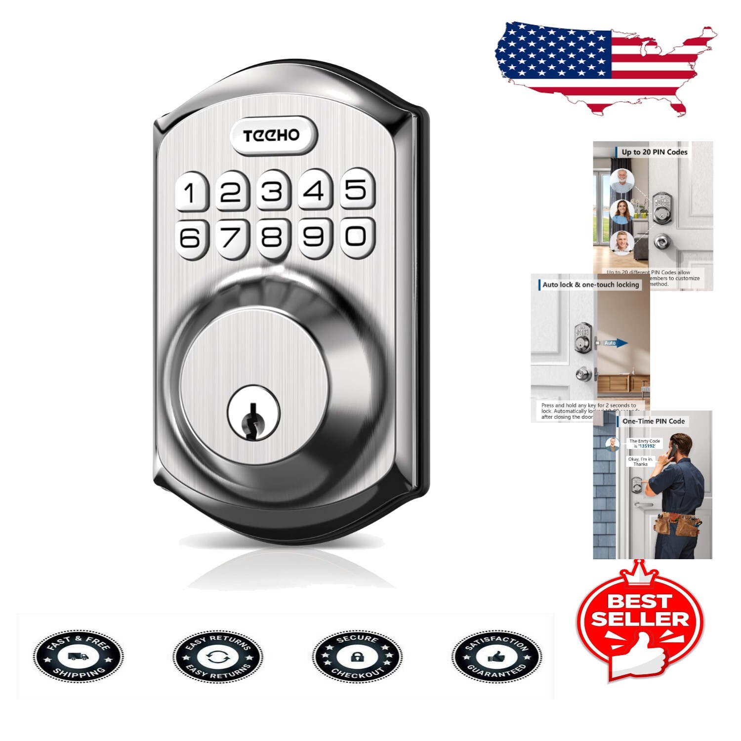 Smart Keyless Deadbolt Lock with Auto-Lock & 20 Codes in Satin Nickel-image