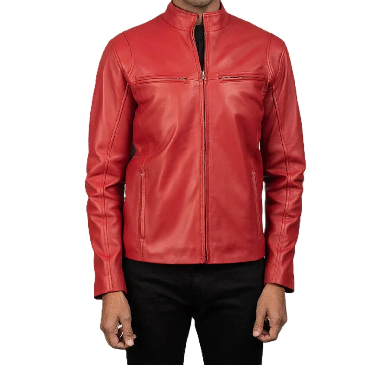 Men's Genuine Lambskin Leather Cafe Racer Red Jacket Fashion Moto Biker Jacket