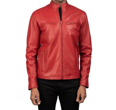 Herren Echt Lammleder Leder Cafe Racer Rot Jacke Mode Moto Biker Jacke