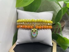 3 PC Handmade Beaded Boho 6.5  Plus Stretch Charm Bracelet Owl B5043