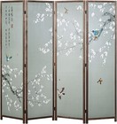 4 Panel Asian Cherry Blossom Tree & Bird Design Room Divider, Brown Wooden Frame