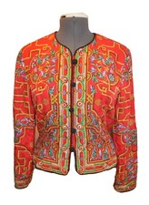 Maggy London Vintage 80s Multi Color Print 100 Silk Button Down Jacket 10