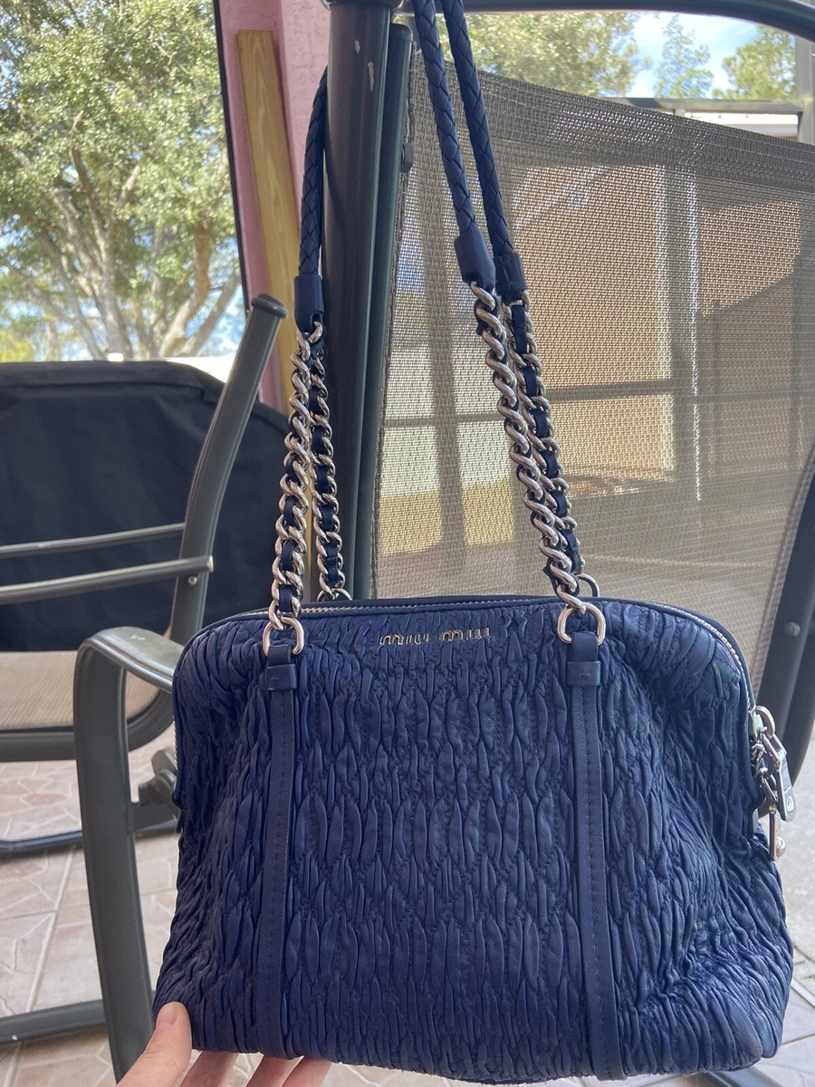 Miu Miu Blue Matelassé Ruched Gauffre Leather Top Zip Tote