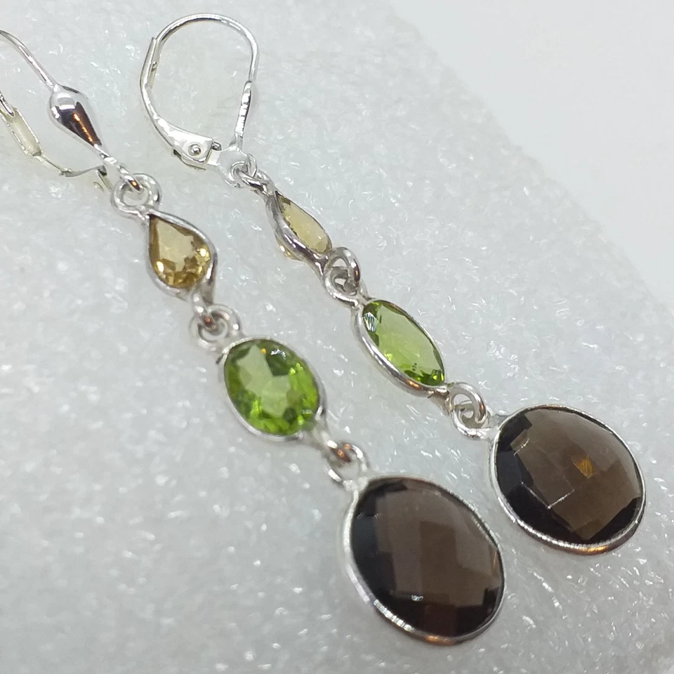 Rauchquarz Citrin Peridot Ohrringe 925 Sterling Silber Ohrhänger Klappbrisur - Bild 1 von 2