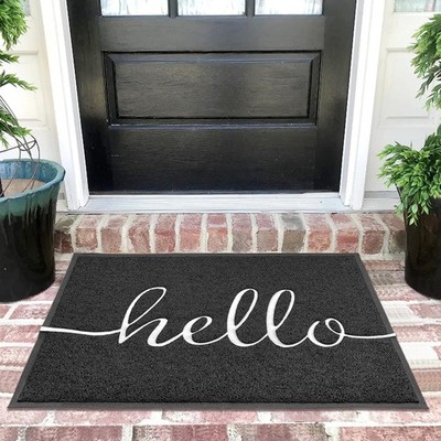 Black Hello Doormat Outside Inside Durable Non Slip Floor Mat 36x24 Inch