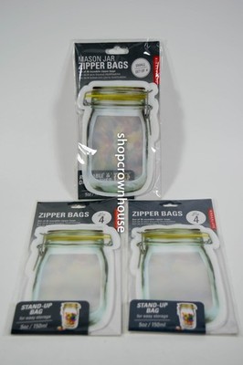 3 Kikkerland ZIPPER BAGS Set of 4 Small 5oz Stand-Up Bags 12 total Reusable