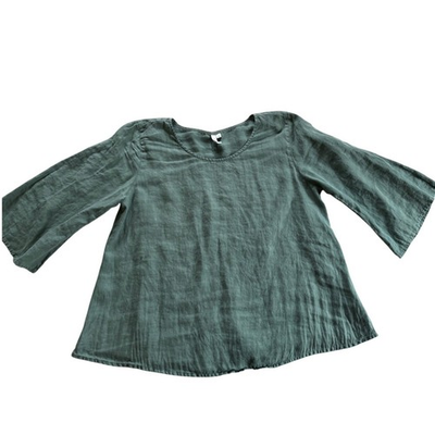 #ad #ad Kleen Women Green 100% Linen 3 4 Bell Sleeve Scoop Neck Blouse Top Medium $35.00