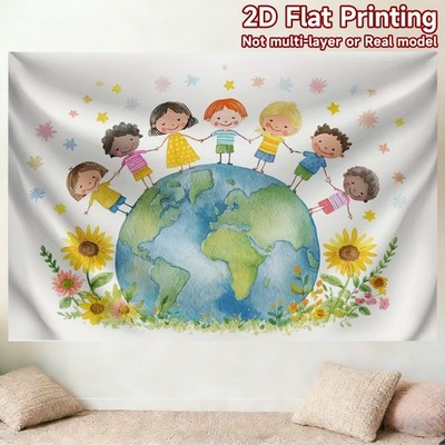 2D Flat, 2D Flat Banner,1pc Four Seasons Children Holding Hands Around Earth(1