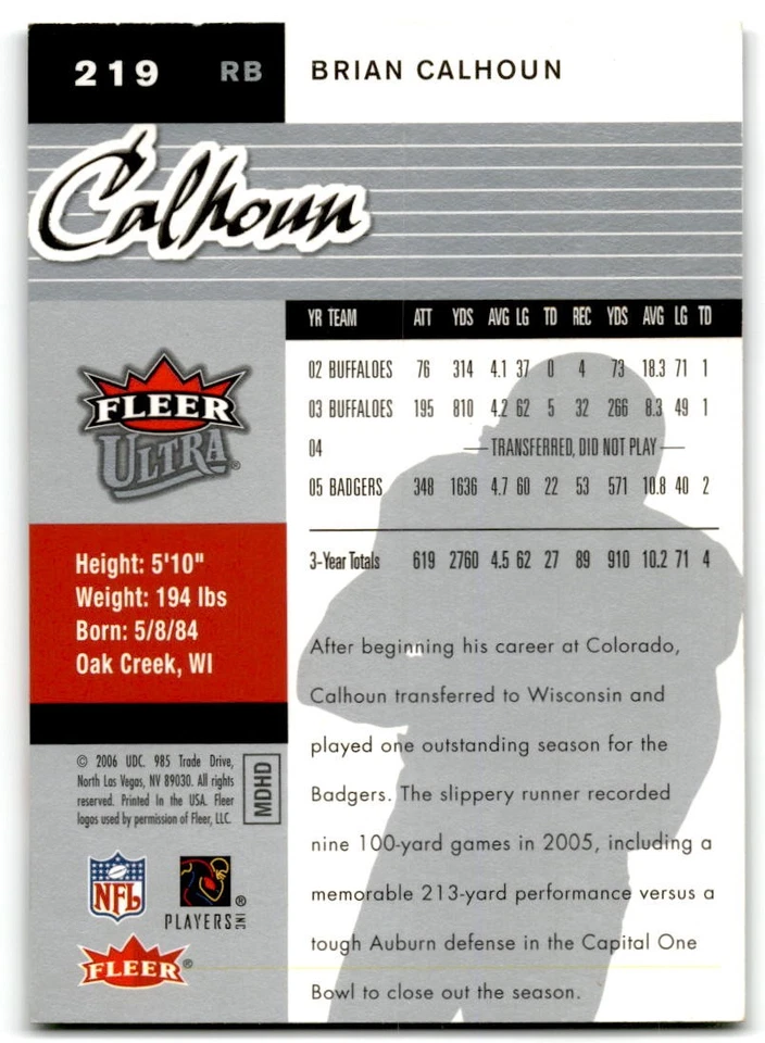 2006 Fleer Ultra #219 Brian Calhoun Target Exclusive Rookies - Image 2 of 2