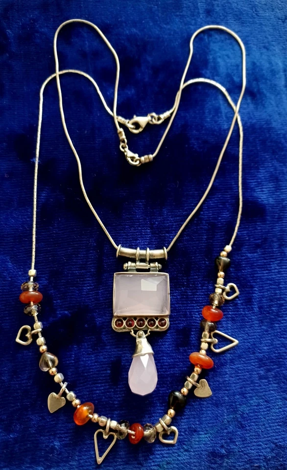 2 X Collar de piedras preciosas de plata de ley cuarzo rosa granate cornalina Foto 2 de 4