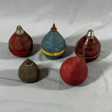 5 Vintage Toy Spinning Tops Wood