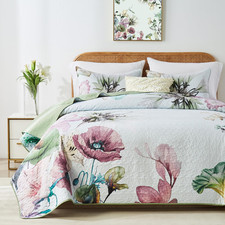 King Size Quilt Set, Elegant Floral Botanical Pattern Green Bedding Set,3 Piece